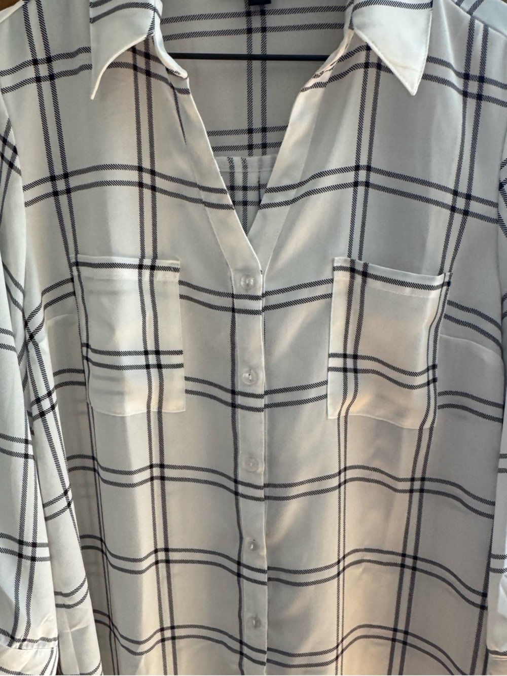 Fortune + Ivy White and Black Plaid Lines Button-Down V neck soft Shirt Size XL - Picture 3 of 14